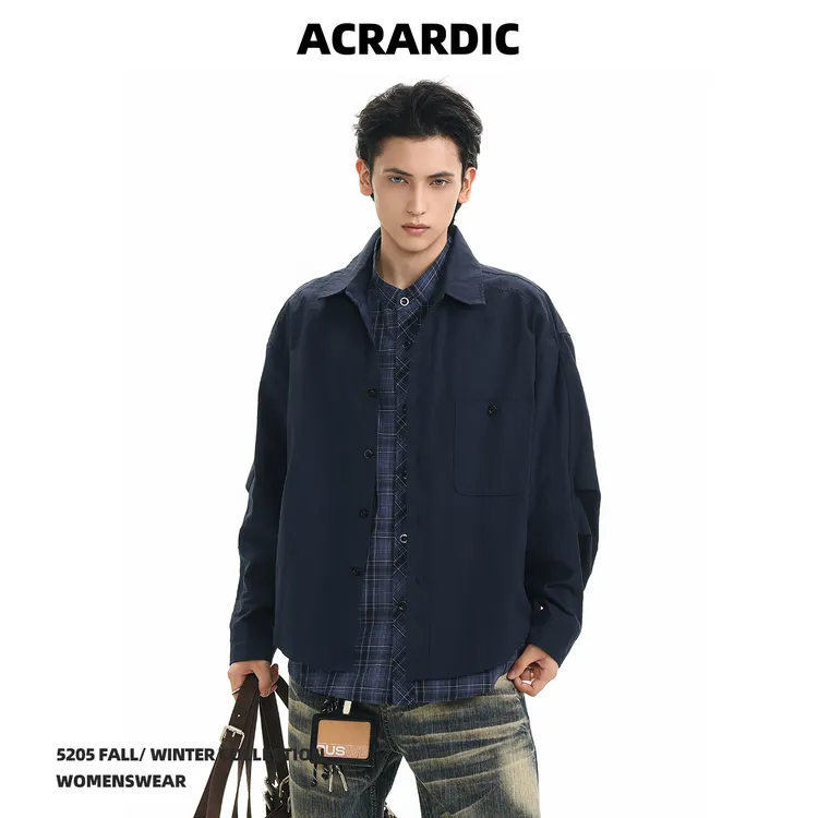 ACRARDIC潮牌格子拼接假两件工装衬衫男美式复古宽松长袖衬衣外套