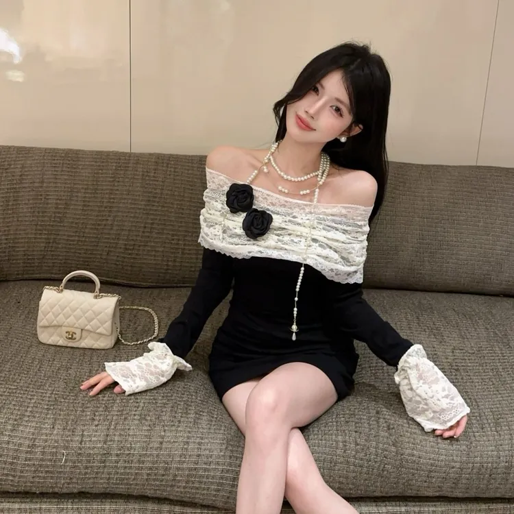 【长袖设计保暖舒适】纯欲温柔风一字领蕾丝拼接露背短裙时尚气质修