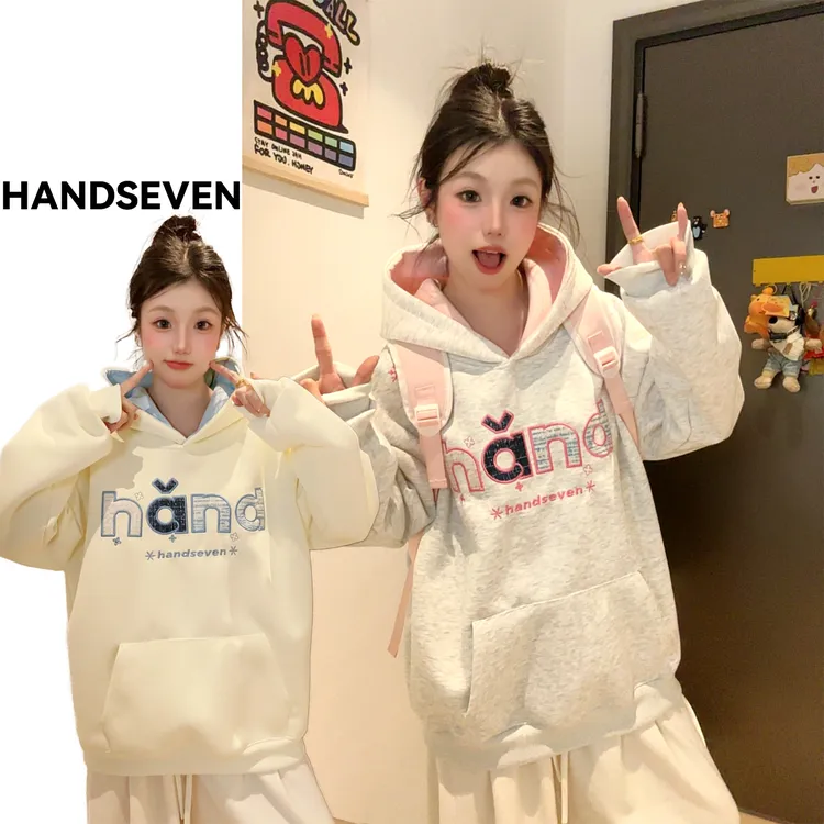 HandSeven美式复古贴布绣字母重磅连帽卫衣秋冬情侣宽松重磅上衣