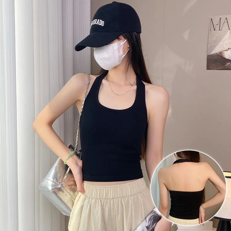黑色挂脖吊带背心女春夏短款内搭外穿美背内衣一体式带胸垫上衣潮