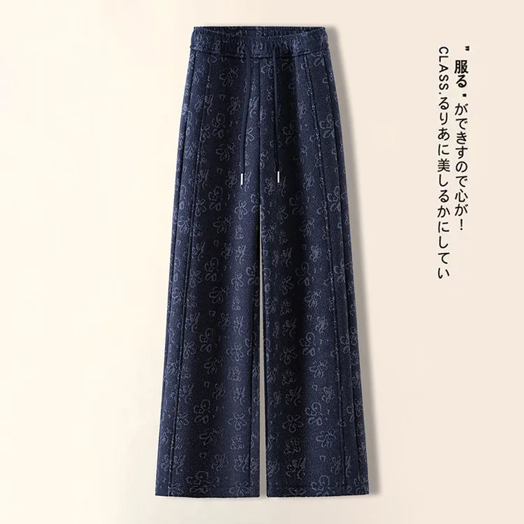 藏青色印花松紧腰牛仔裤女秋冬2025新款复古风高腰修身加绒直筒裤