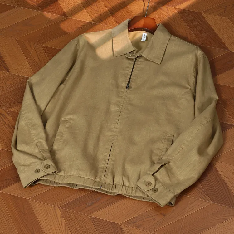 2025秋棉麻轻奢贵气老钱风棉麻夹克翻领宽松纯色外套男士休闲夹克