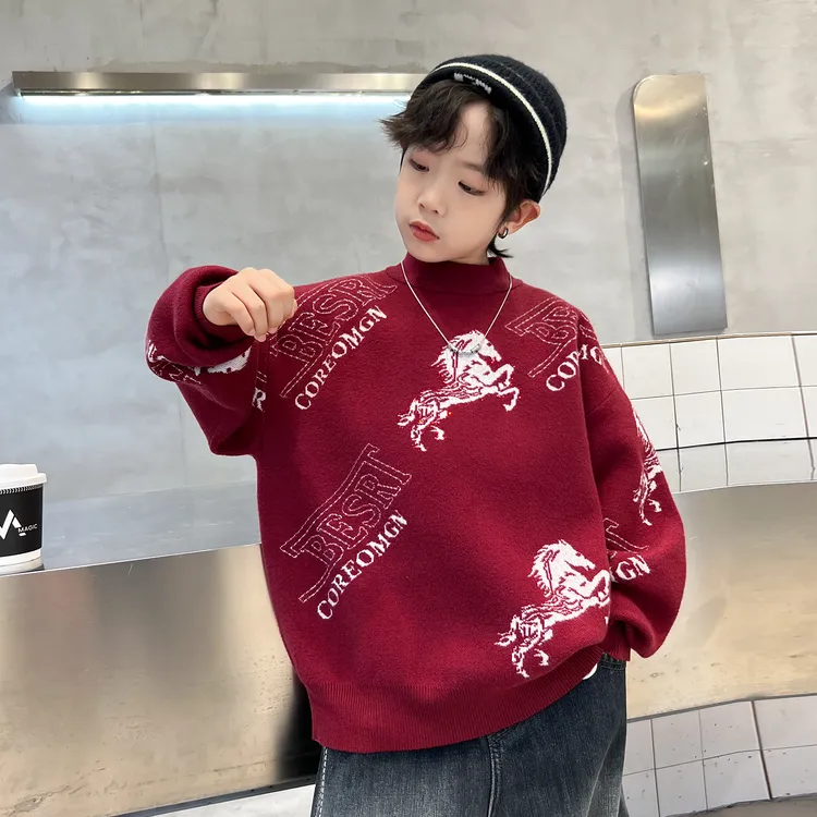儿童毛衣男童2025新款冬季中大童针织小马提花半领毛衣洋气上衣潮