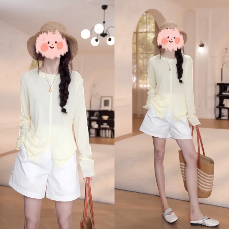 夏季纯色防晒长袖百搭T恤气质小清新白色高腰短裤套装