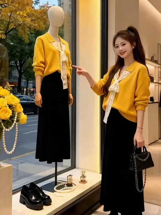 2025秋搭配一整套今年流行爆款高级感黄色针织上衣黑色裙子两件套