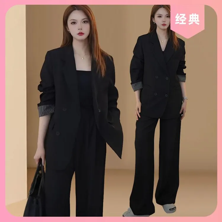 黑色休闲西装套装女春秋款高级感气质职业正装阔腿裤时尚西服外套