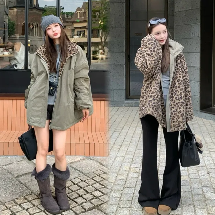 新款韩系复古两面穿豹纹立领加厚通勤风大码外套
