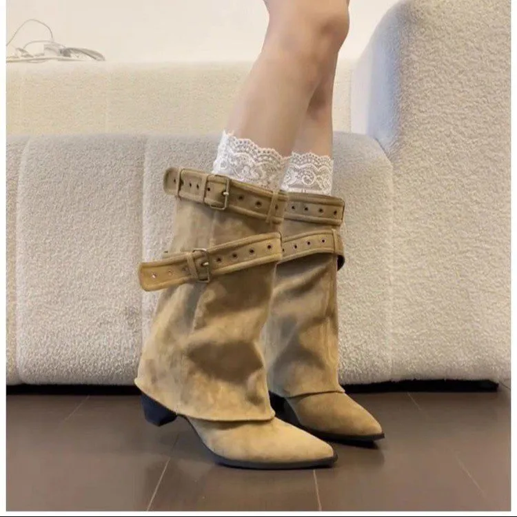 美式辣妹皮带扣裤管靴短筒靴女靴2025早秋新款小众设计短靴西部靴