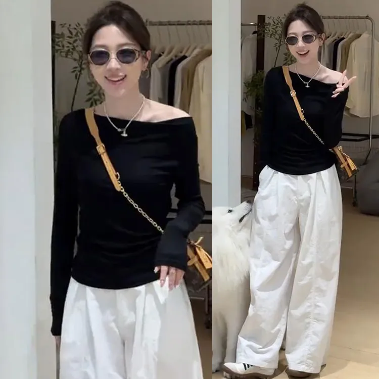 时尚气质斜肩长袖T恤上衣女士2025春秋季新款显瘦阔腿裤显瘦套装