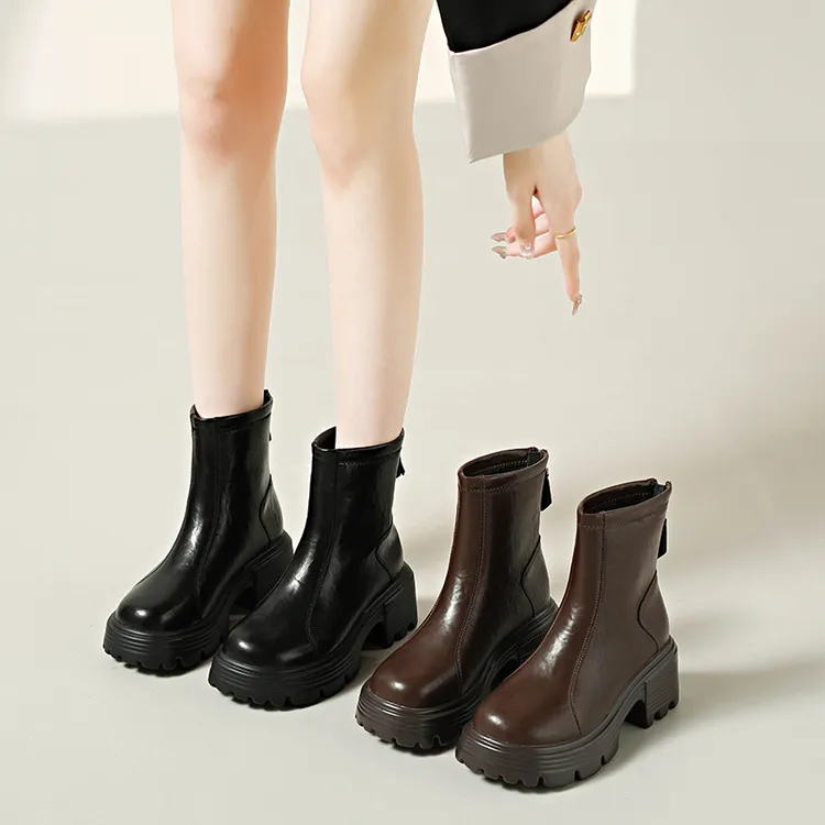 厚底增高马丁靴女单靴2025秋新气质切尔西靴显瘦复古真皮粗跟短靴