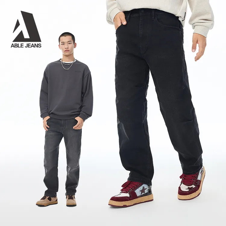 ABLEJEANS【直筒滑板裤】25年新款宽松弹力黑色宽松直筒牛仔裤男款