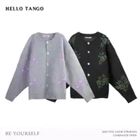 HELLOTANGO《复古花卉》秋冬复古撞色花朵羊毛混纺针织外套8332#