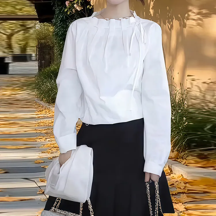 白色长袖衬衫女士2025早秋季新款高级感洋气减龄显瘦系带立领上衣