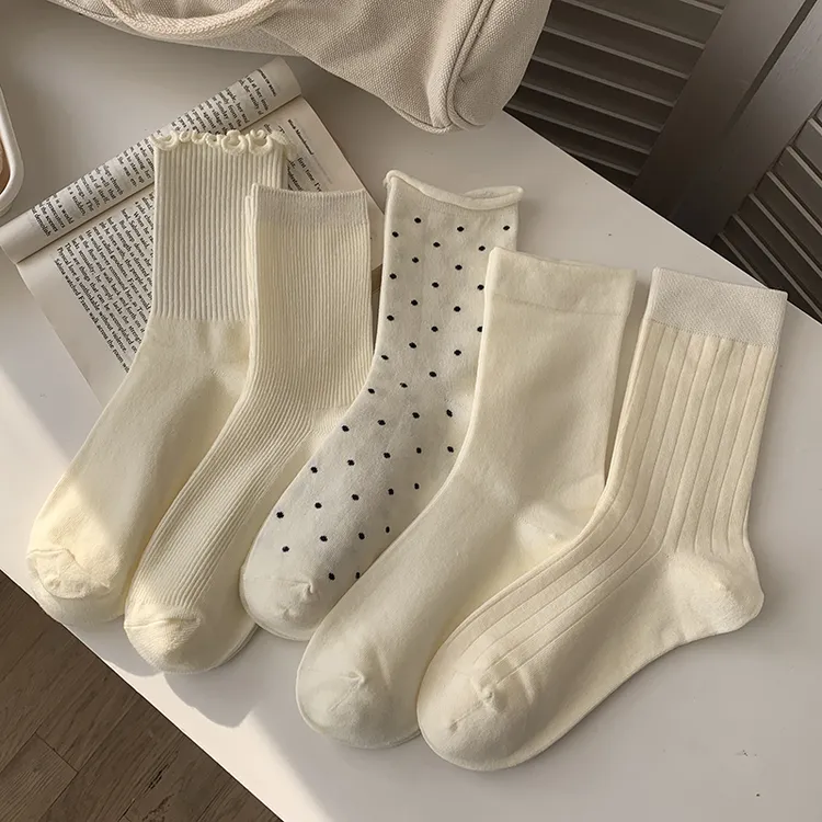 奶白色新疆棉中筒袜春秋百搭纯色堆堆袜长袜韩版波点木耳边月子袜