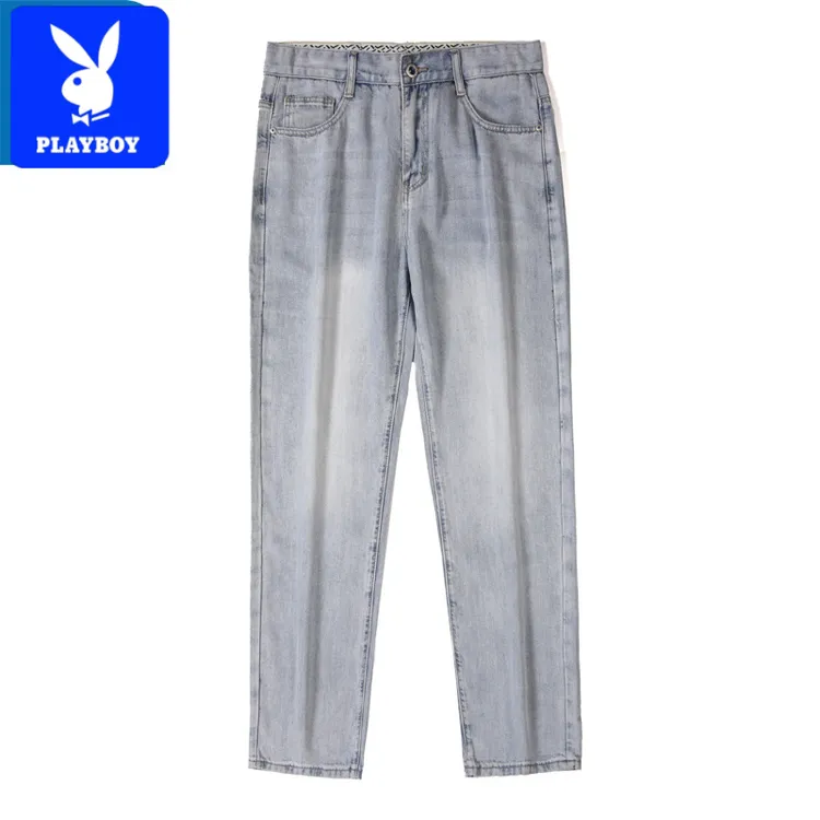 花花公子款宽松冰感天丝男士牛仔裤冰蓝灰黑灰色莱赛尔百搭休闲裤