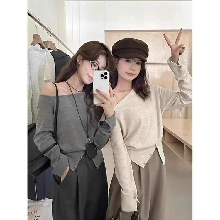 法式慵懒风一字肩斜领毛衣女春秋季2025新款不规则长袖针织衫上衣