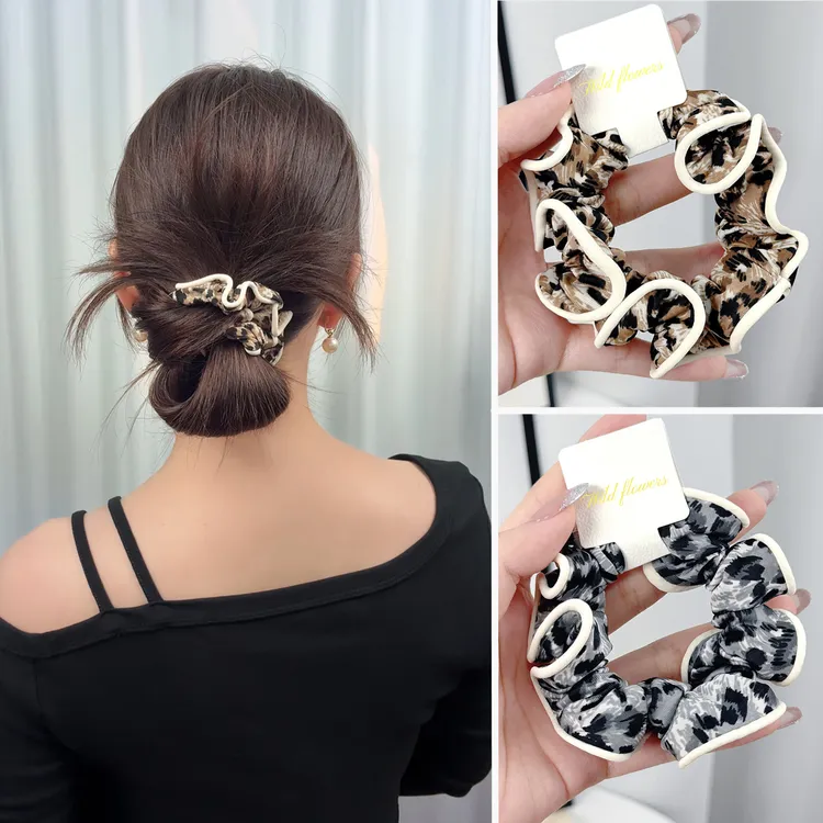 时髦豹纹木耳边大肠发圈高级感气质绑发头花丸子头高弹力发绳发饰
