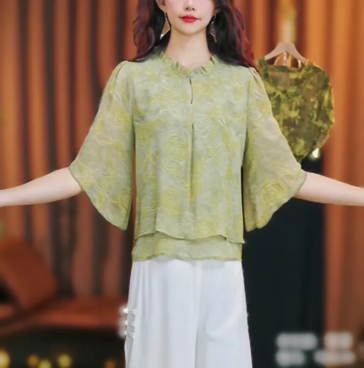 夏季新款设计感绿玫瑰宽松显瘦雪纺衫气质优雅洋气百搭减龄上衣