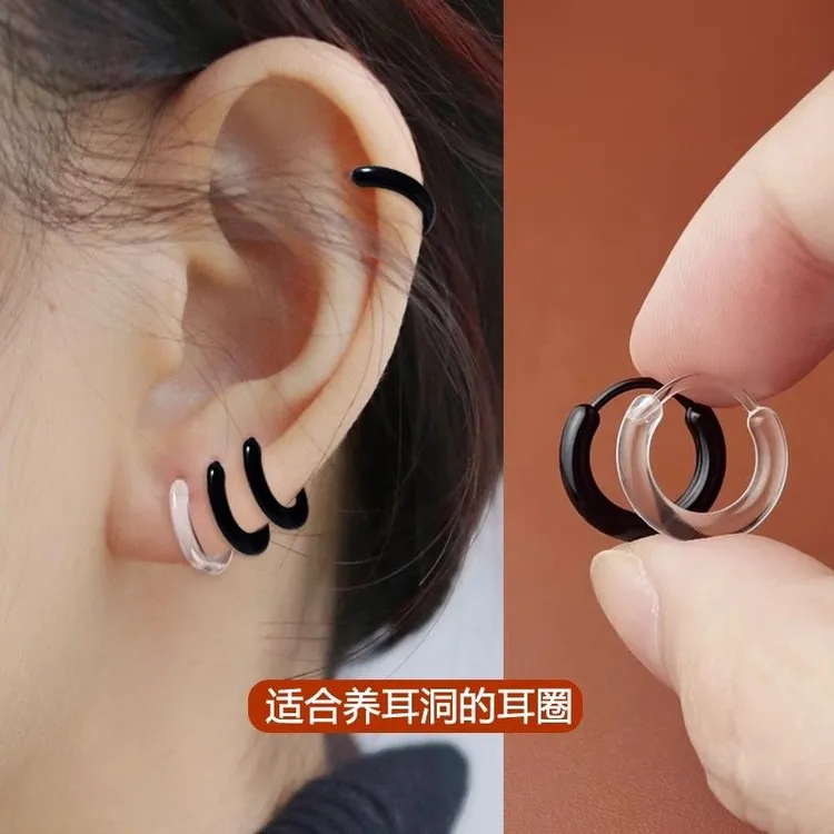 非金属树脂耳饰 黑色透明耳环养耳洞简约耳骨环免摘时尚气质耳饰商品图