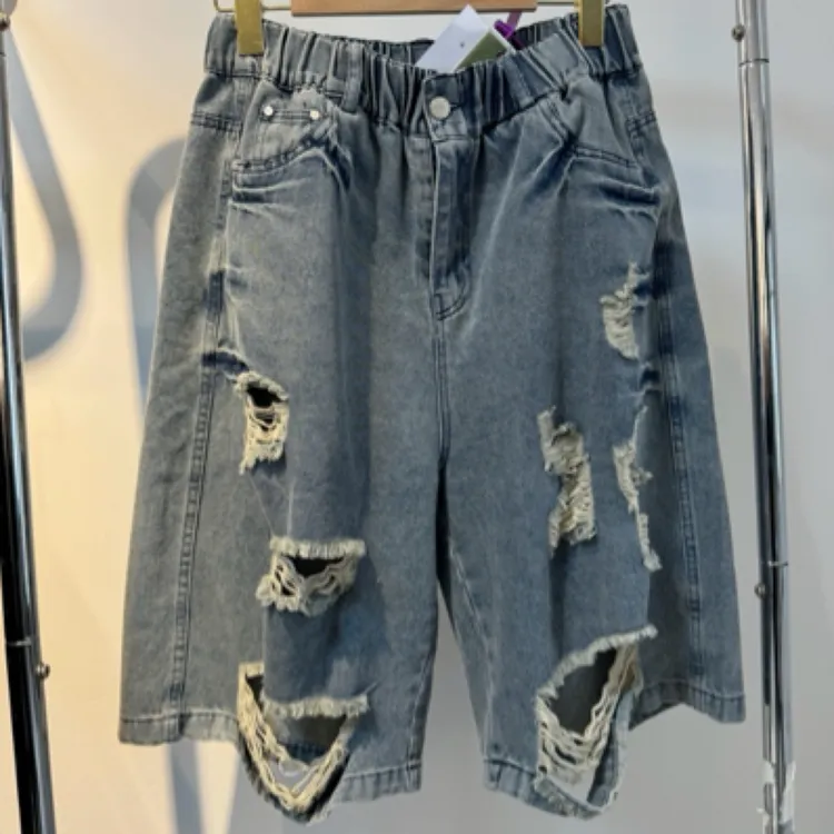 Aa·Dan+高腰时尚牛仔破洞五分裤