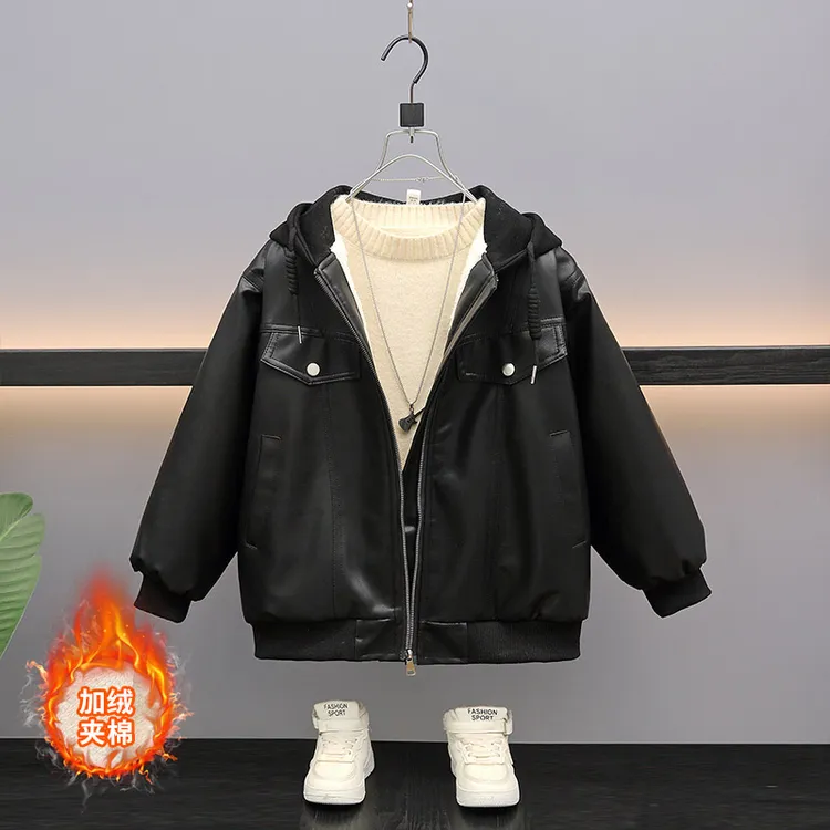 男童加绒夹棉皮衣2025秋冬装新款中大童男孩连帽加厚外套皮夹克商品图