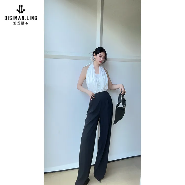 迪丝嫚苓黑白连体裤显瘦气质时尚阔腿高腰直筒简约设计轻奢小众感