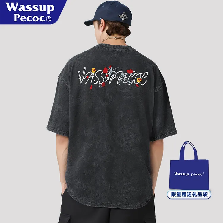 WASSUP PECOC 国潮美式复古做旧水洗纯棉短袖T恤男士高级感男装夏