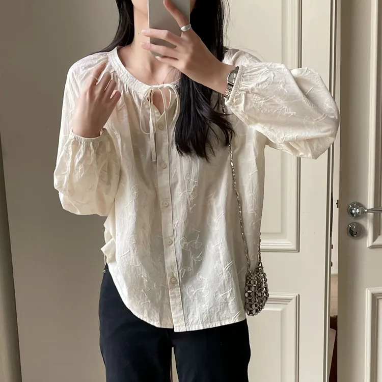 「万针刺绣 100%棉」气质法式小衫 春季设计感小众宽松百搭衬衫S048