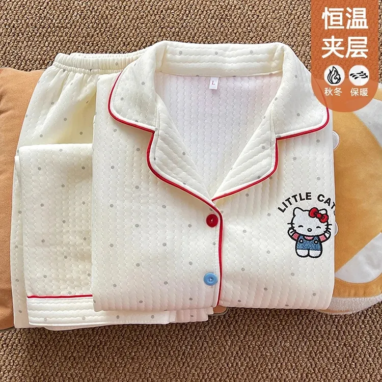 睡衣女卡通夹层加厚长袖长裤秋冬季可爱甜美花边家居服套装143