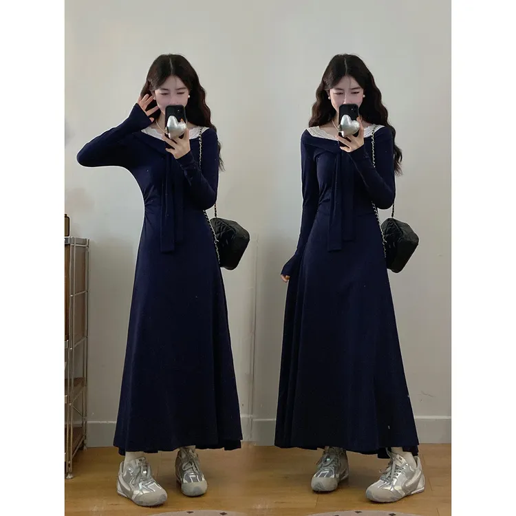 藏蓝色海军领一字肩长袖连衣裙女2025秋新款大码胖mm掐腰显瘦裙子