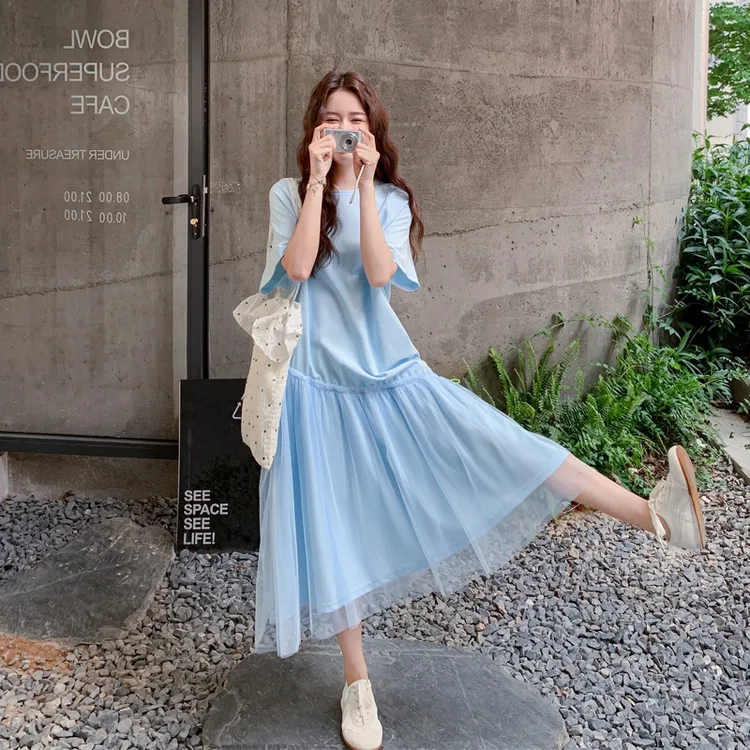 韩系小清新连衣裙女2025夏季新款温柔风超显白氛围感网纱拼接裙子