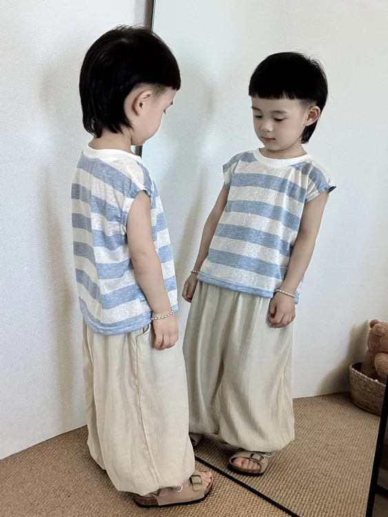 森系男童夏季套装韩版日系儿童条纹无袖背心中小童阔腿灯笼防蚊裤