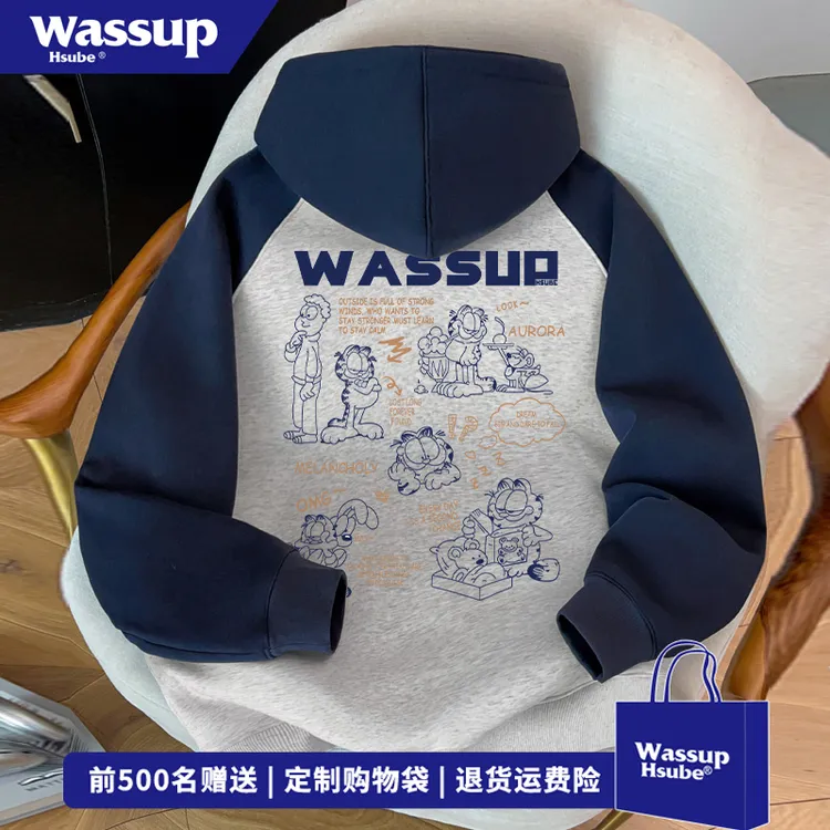 WASSUP HSUBE卡通加菲猫印花连帽开衫卫衣男女秋冬季百搭拉链外套