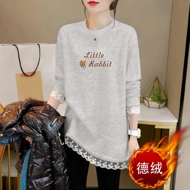 2026新款蕾丝拼接T恤女春秋季时尚宽松中长款内搭打底衫长袖上衣