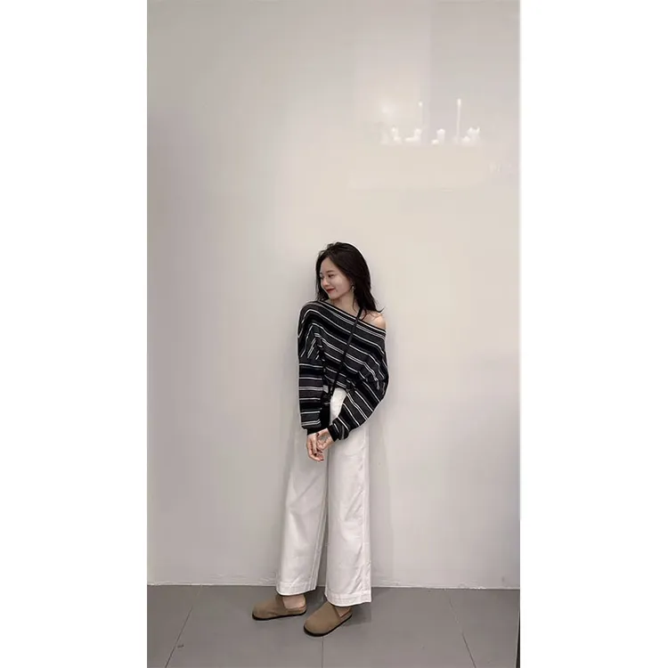 2025秋季新款修身显瘦网红穿搭露肩条纹上衣休闲简约阔腿长裤套装