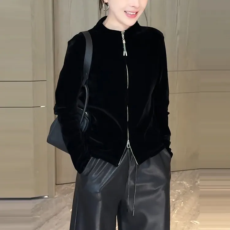 独特漂亮的早秋丝绒小外套女2025新款时尚百搭修身双拉链夹克上衣