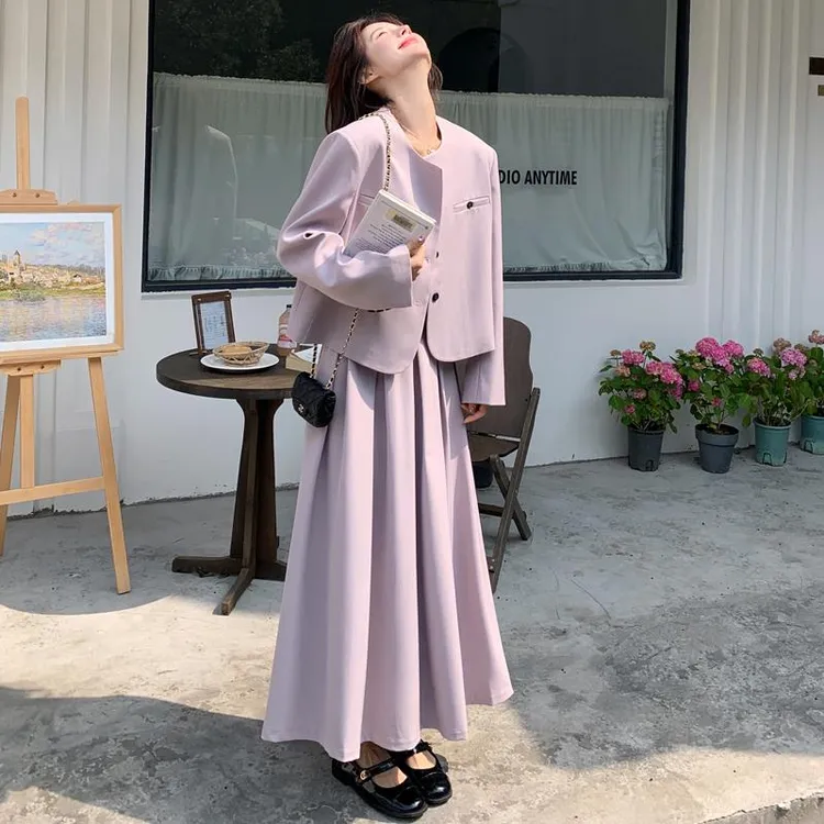 紫色西装套装女2025新款春季韩系高级感气质穿搭外套半身裙一整套