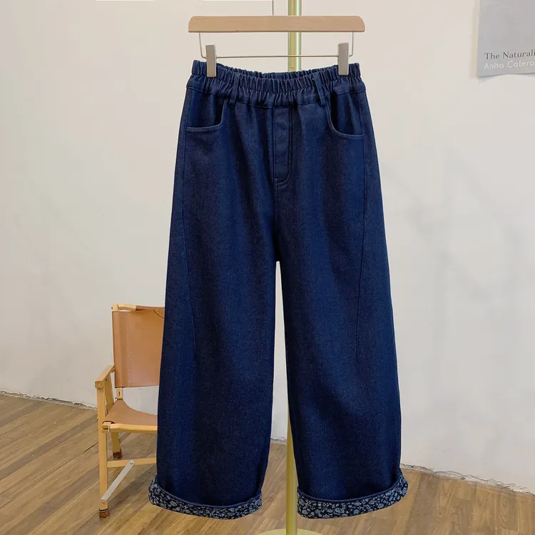 Y4147加绒碎花翻边松紧腰牛仔阔腿裤