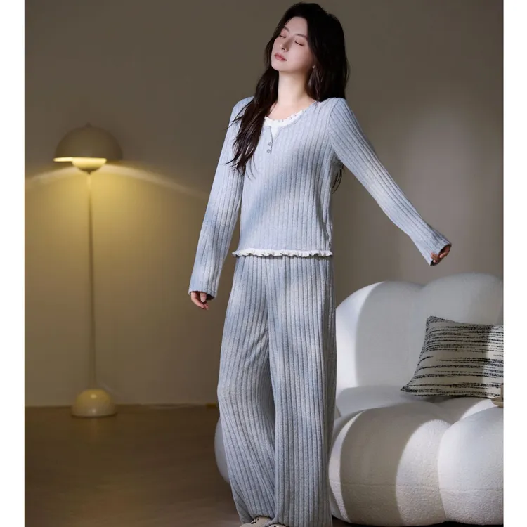 慵懒风睡衣女2025新款薄绒春秋季长袖简约休闲显瘦家居服套装冬季