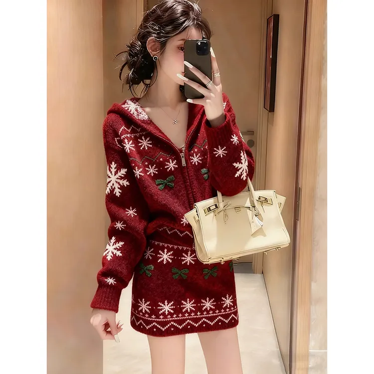 费尔岛红色气质套装女针织上衣短裙两件套2025新款秋冬小个子穿搭