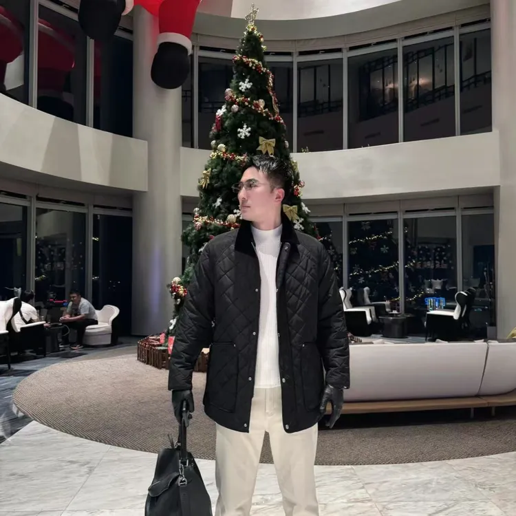 【新贵OLDMQNEY】男士新款经典菱形格棉服拼接灯芯绒领高级翻领棉服