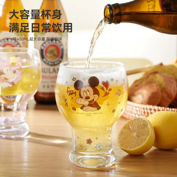 迪士尼高颜值玻璃杯大容量啤酒杯可爱牛奶果汁饮料杯米奇大肚杯