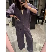 RUIRUI瑞25ss香芋紫紫色连帽针织直筒套装两件套TZ1415R