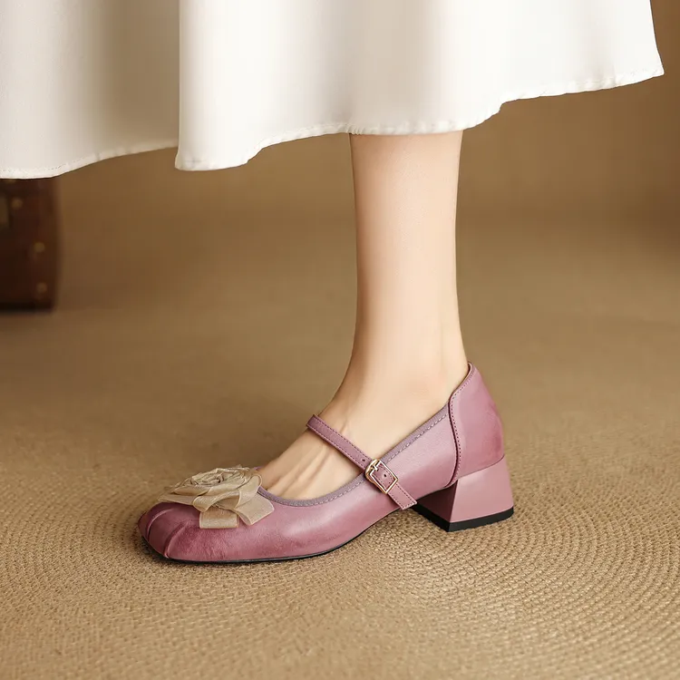 绝美巨好看牛皮紫色玛丽珍鞋女花朵方头浅口单鞋女中跟粗跟不累脚