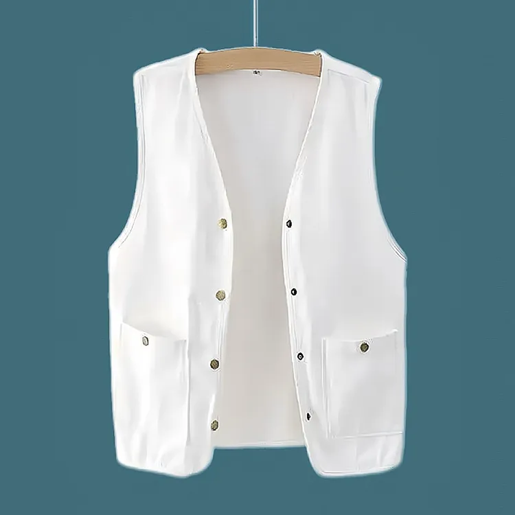 夏季V领百搭宽松型口袋无袖马甲按扣上衣外穿薄款显瘦上衣马甲潮