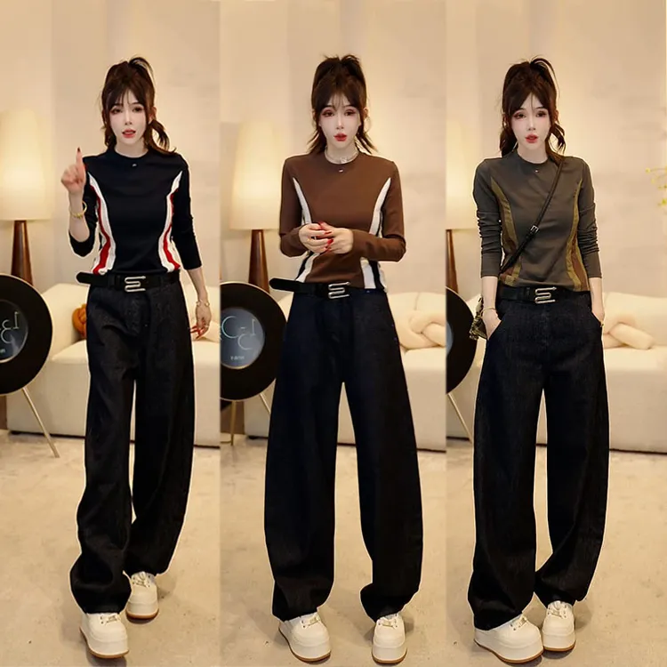 2025春秋季时尚网红炸街女装拼色长袖打底衫高腰牛仔裤休闲两件套