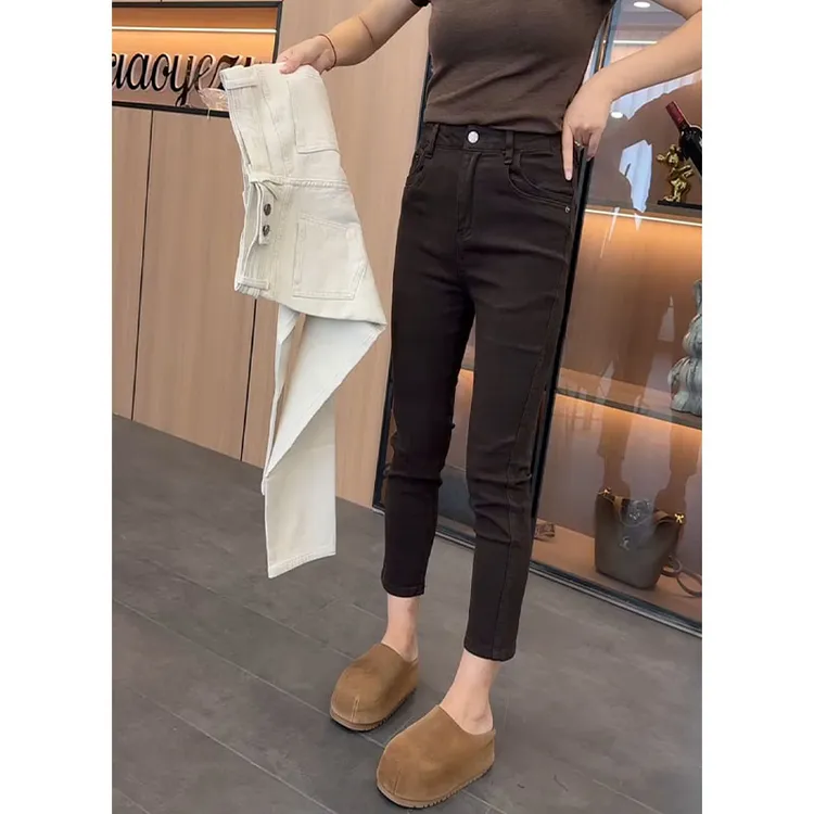 直筒牛仔裤女秋冬季2025新款高腰小设计薄绒显瘦小个子修身烟管裤