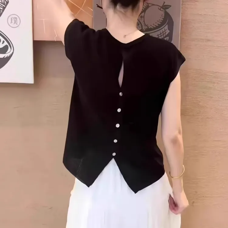 芯娇晴后背镂空冰丝针织短袖T恤女夏韩系chic别致穿搭小飞袖上衣
