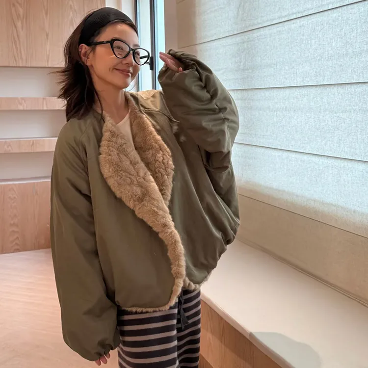 2025秋冬爆款人造小湖羊欧貂绒毛毛外套保暖宽松灯笼袖厚款短外套