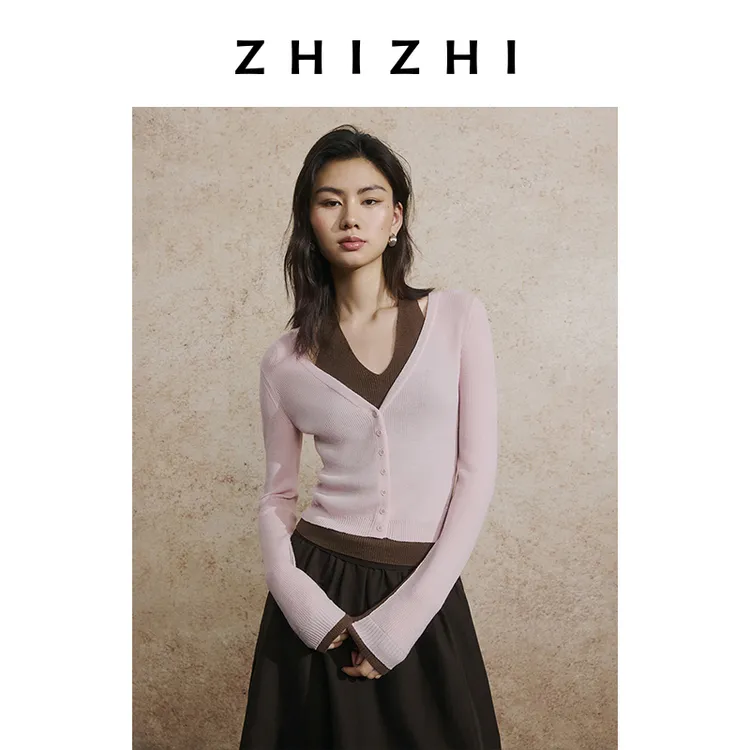 致知 刺桐花 撞色假两件套头衫25年秋季新款收腰显瘦ZZ2EAKGN013